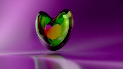 green glass heart on violet background