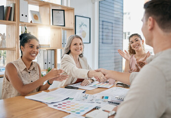 Fototapeta premium Partnership handshake, applause and business people in office. Welcome, shaking hands and group of men and women clapping to celebrate success, contract or deal, agreement or recruitment and hiring.
