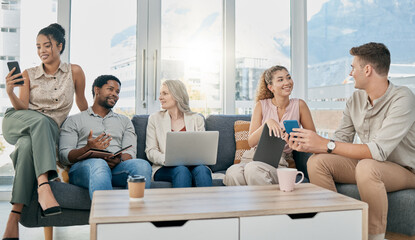 Obraz premium Team, laptop and designer discussion of sofa in modern office for web design collaboration, strategy innovation and creative meeting. Teamwork, talking and planning tech development on agency couch