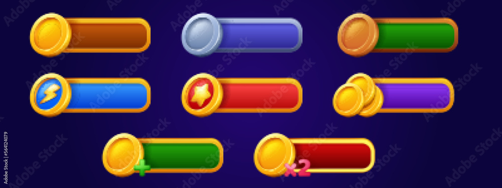 Poster game bars with gold coins, star, power symbol, plus and x2. game ui interface elements with panels w