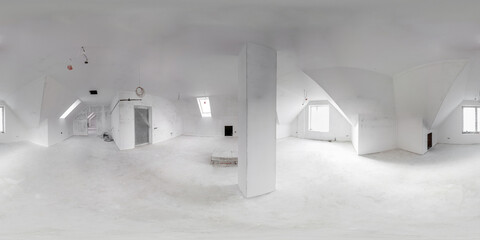 full seamless spherical hdri 360 panorama white empty room in the attic floor after putting the...