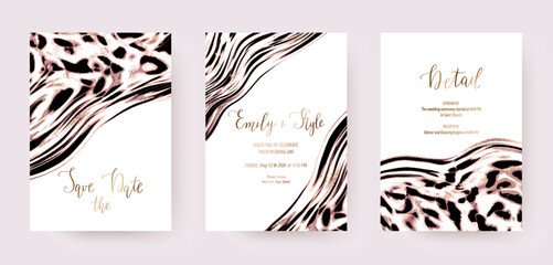 Holiday invitation templates with leopard animal texture and gold stains. © NikaMooni