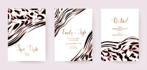 Holiday invitation templates with leopard animal texture and gold stains.