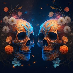 Two sugar skulls surrounded by flowers are looking at each other. Day of the dead love concept. Blue background and orange light. 