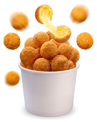 Crispy Cheese ball flying out of white paper bucket isolated on white background, Cheese ball or...