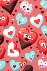 St Valentines Day. Seamless pattern with hearts and blue baby penguins wearing pink