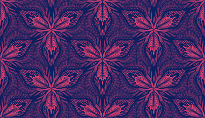 Fototapeta premium Purple flowers Ethnic abstract seamless pattern, folk embroidery, and Mexican style.Design for carpet, wallpaper, clothing, wrapping, fabric, cover