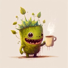 Cute Adorable Plant Monster Holding a Delicious Cup of a Favorite Hot Beverage Like Coffee, Tea, Cocoa (Generative AI)