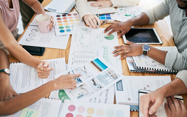 Hands, financial and documents with a business team planning in collaboration for growth in an...