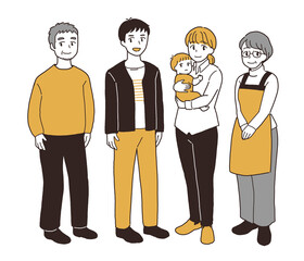 二世帯家族の全身イラスト