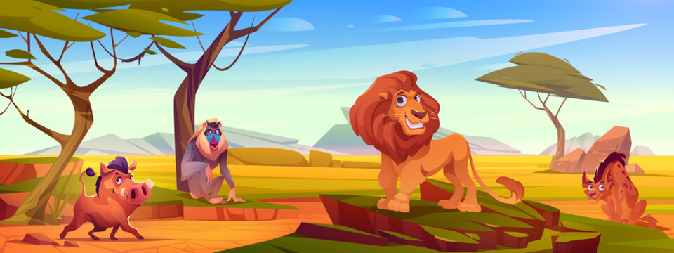 Savannah landscape with african animals. Cute lion, warthog, baboon and hyena characters in savanna or safari park. Nature scene with wild animals, trees and grass, vector cartoon illustration