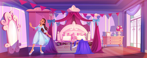 Beautiful princess in pink royal bedroom. Vector cartoon illustration of pretty young woman in elegant dress smiling in mirror. Vintage room interior with retro furniture, bed, wardrobe, dresser