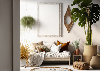 Boho frame mockup. Wall art mockup in Boho style  Interior. Adorned with intricate bohemian patterns, perfect for showcasing posters or photographs with a rustic charm