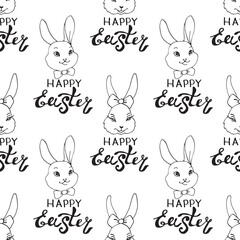 Happy Easter-Vector seamless pattern with inscriptions and simple contour drawings of faces of cute rabbits in doodle style. Holiday backgrounds and textures