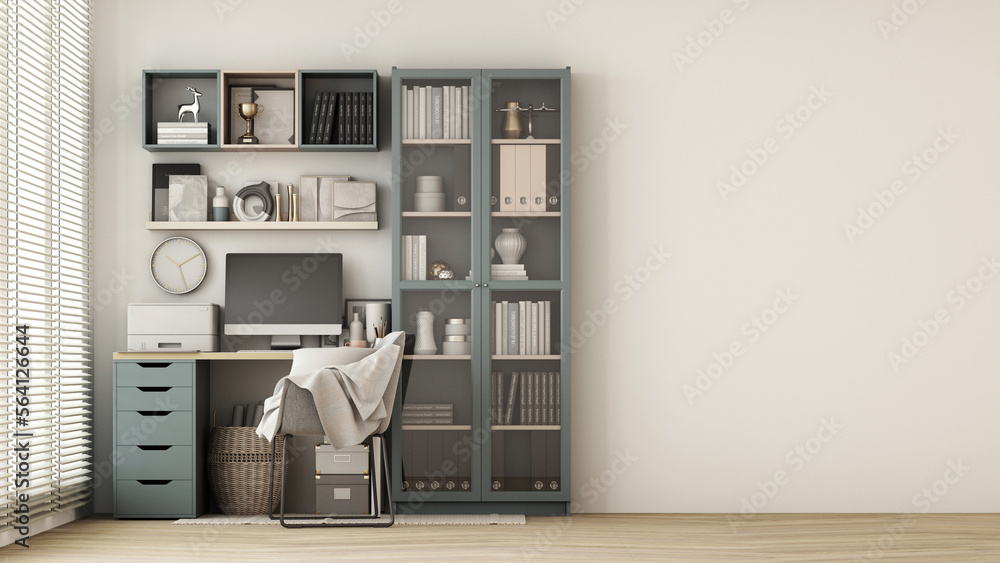 Poster modern workplace with comfortable modern working table and computer with working chair and large win
