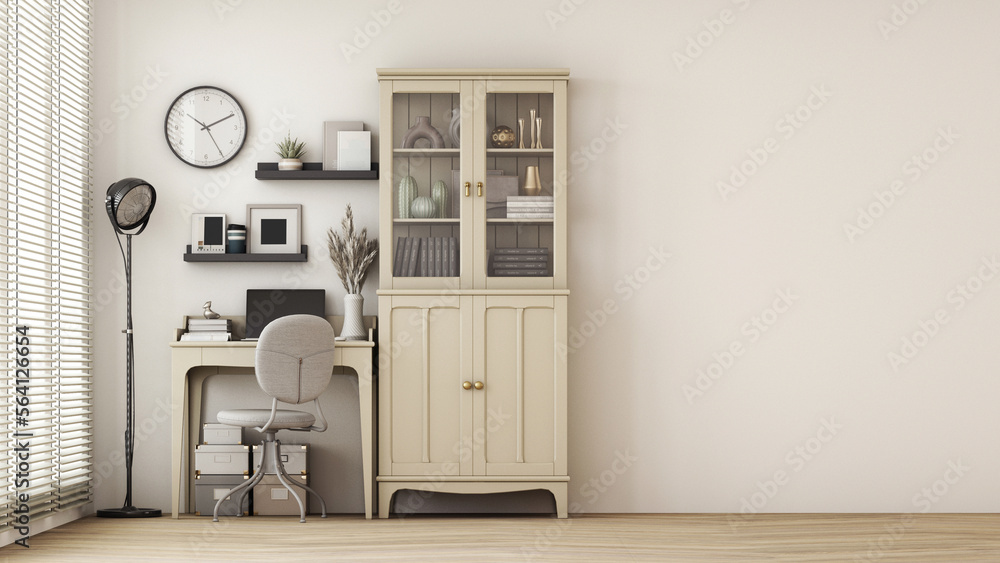 Poster modern workplace with comfortable modern working table and computer with working chair and large win