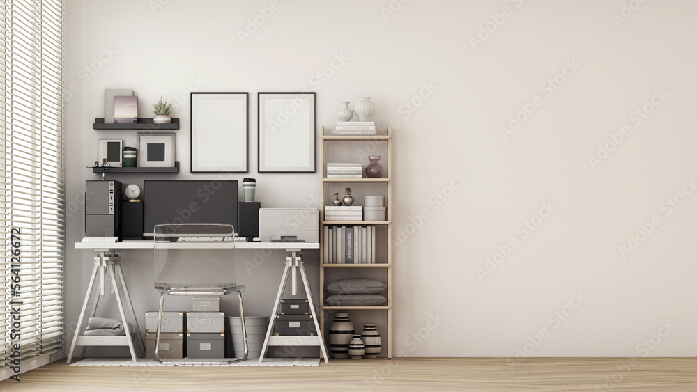 Poster modern workplace with comfortable modern working table and computer with working chair and large win