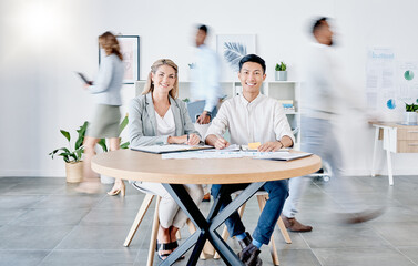 Obraz premium Planning, strategy and teamwork people in busy office portrait for startup, meeting and collaboration. Business vision, job workflow and manager, boss or diversity clients working in fast workplace