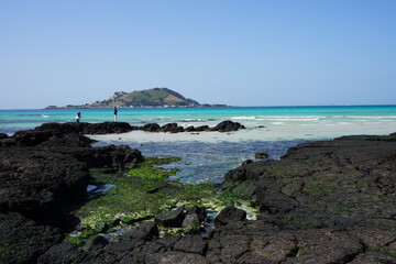 rock beach and distant island
