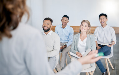 Business people, diversity and speaker presentation meeting, manager speech or ceo with investment...