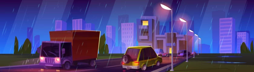Poster Night city traffic in rainy weather. Vector cartoon illustration of cars and trucks driving on dark road illuminated with street lamps, cityscape background with high-rise buildings under rainfall © klyaksun