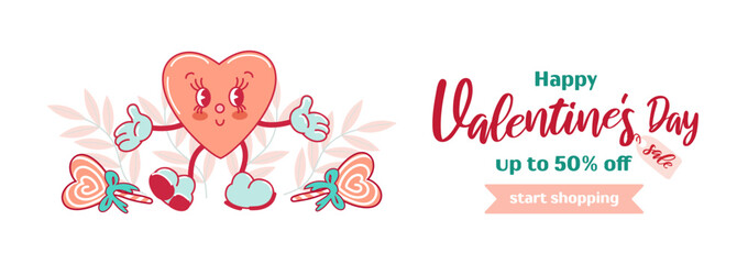Horizontal banner for Valentines Day. Funny cute smiling heart character with face. Comic elements in trendy old retro cartoon style. For advertising, poster, flyer.