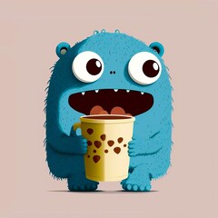 Cute Adorable Thirsty Monster Holding a Delicious Cup of Favorite Beverage, such as Tea, Coffee, Cocoa or Cappuccino. Generative AI 