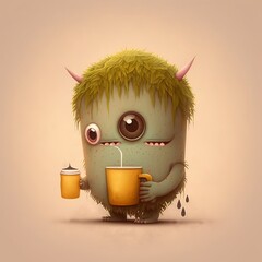 Cute Adorable Thirsty Monster Holding a Delicious Cup of Favorite Beverage, such as Tea, Coffee, Cocoa or Cappuccino. Generative AI 