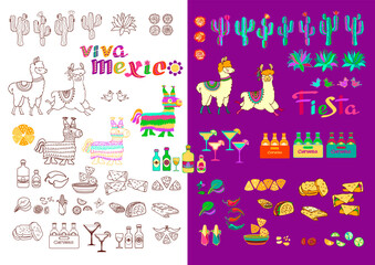 Collection of Mexican holidays symbols set. Fiesta party supplies. Vector.