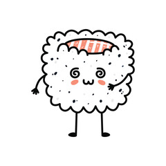Kawaii sushi mascot in cartoon style. Cute uramaki with salmon for menu.