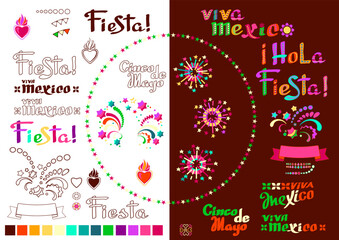 Collection of Mexican holidays symbols set. Fiesta party supplies. Vector.