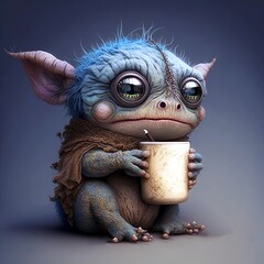 Cute Adorable Thirsty Monster Holding a Delicious Cup of Favorite Beverage, such as Tea, Coffee, Cocoa or Cappuccino. Generative AI 