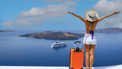 Summer holiday with  young woman in hat at  happy freedom lifestyle in Aegean sea mediterranean at Santorini,greece