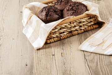 Close up of delicious chocolate muffins or cupcakes