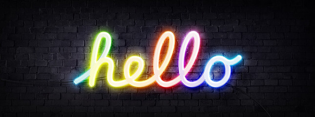 Font Hello apple neon light nigh colorful with wall backgorund  © Artset.all