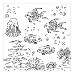 design aqua fish outline coloring page for kid