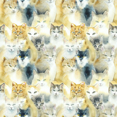 Seamless pattern - street cats. Lots of fluffy cats. Watercolor hand drawn illustration - 564135070