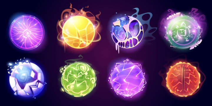 Cartoon set of magic fortune telling balls. Vector illustration of mysterious energy spheres for future prediction. Witchcraft glass orbs glowing isolated on dark background. Suprenatural power symbol