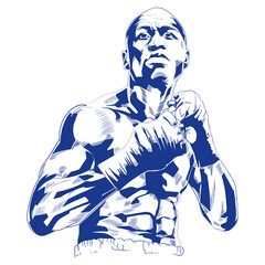Powerful Ink Style Illustration of a Boxer – Retro Blue Line Art Portrait