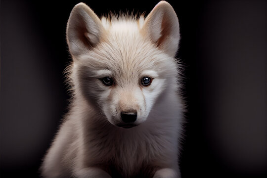 Portrait of a baby arctic wolf on a black background. generative ai