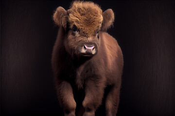 Portrait of a baby bison on a black background. generative ai