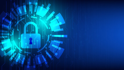 digital padlock with HUD virtual screen on blue background. cyber security technology and privacy data network protection concept