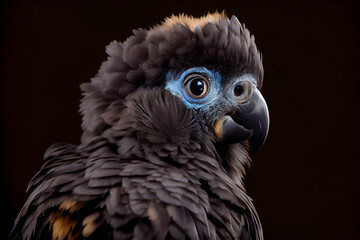 Obraz premium Portrait of a baby macaw on a black background. generative ai