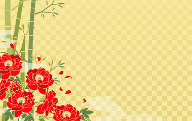 金色背景の赤牡丹と和柄な雲＆竹模様の背景素材
