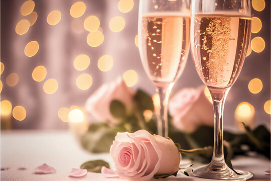 Valentine's day background with two glasses of champagne wallpaper for gift cards or presents. generative ai