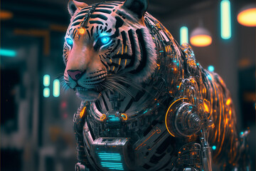 Naklejka na ściany i meble tiger cyborg sci-fi futuristic. Generative AI