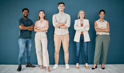 Portrait, arms crossed and teamwork of business people in office ready for goals or targets. Group,...