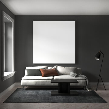 Mockup poster frame on the black wall of living room. Luxurious apartment background with contemporary design. Modern interior design. 3D render, 3D illustration