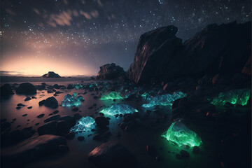 夜のビーチに輝く石の数々,Generative AI