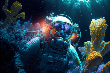 Obraz na płótnie Canvas 海底の光る珊瑚と潜水服のイラスト, Generative AI